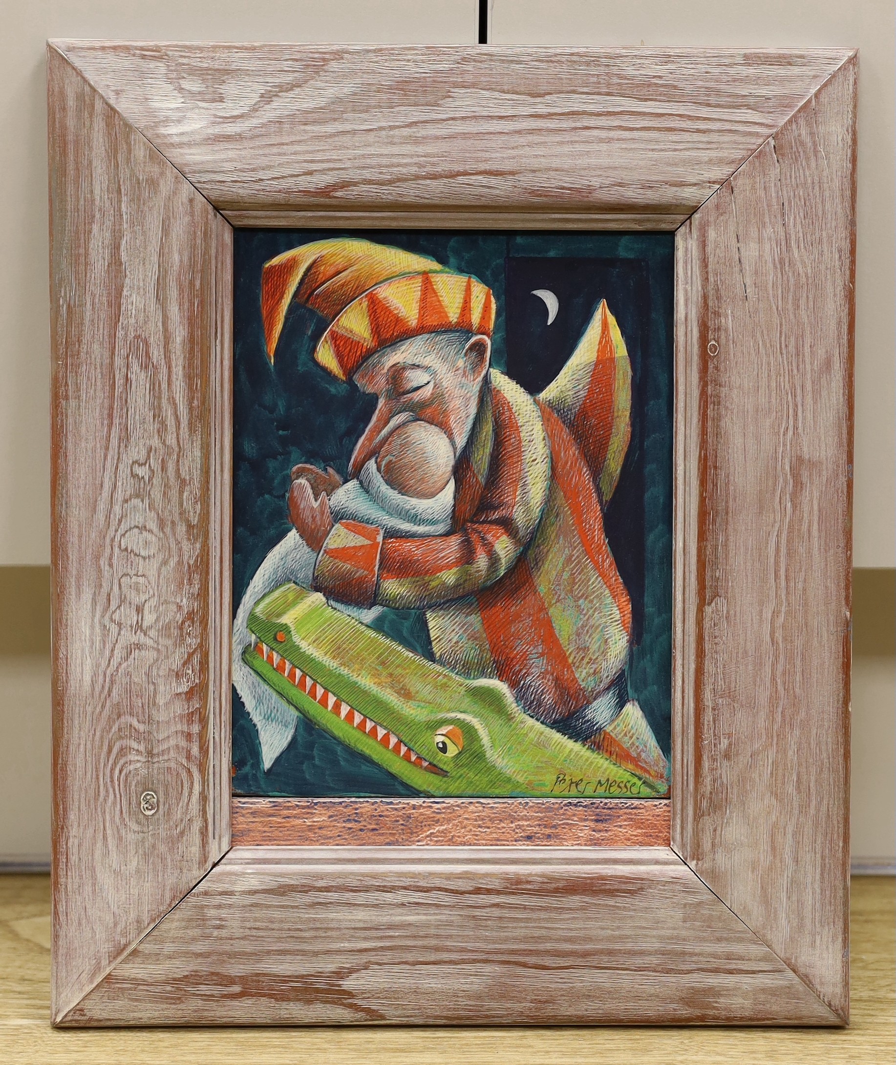 Peter Messer (b. 1954), egg tempera on board, 'Punch Kiss 1', signed, 22 x 16cm